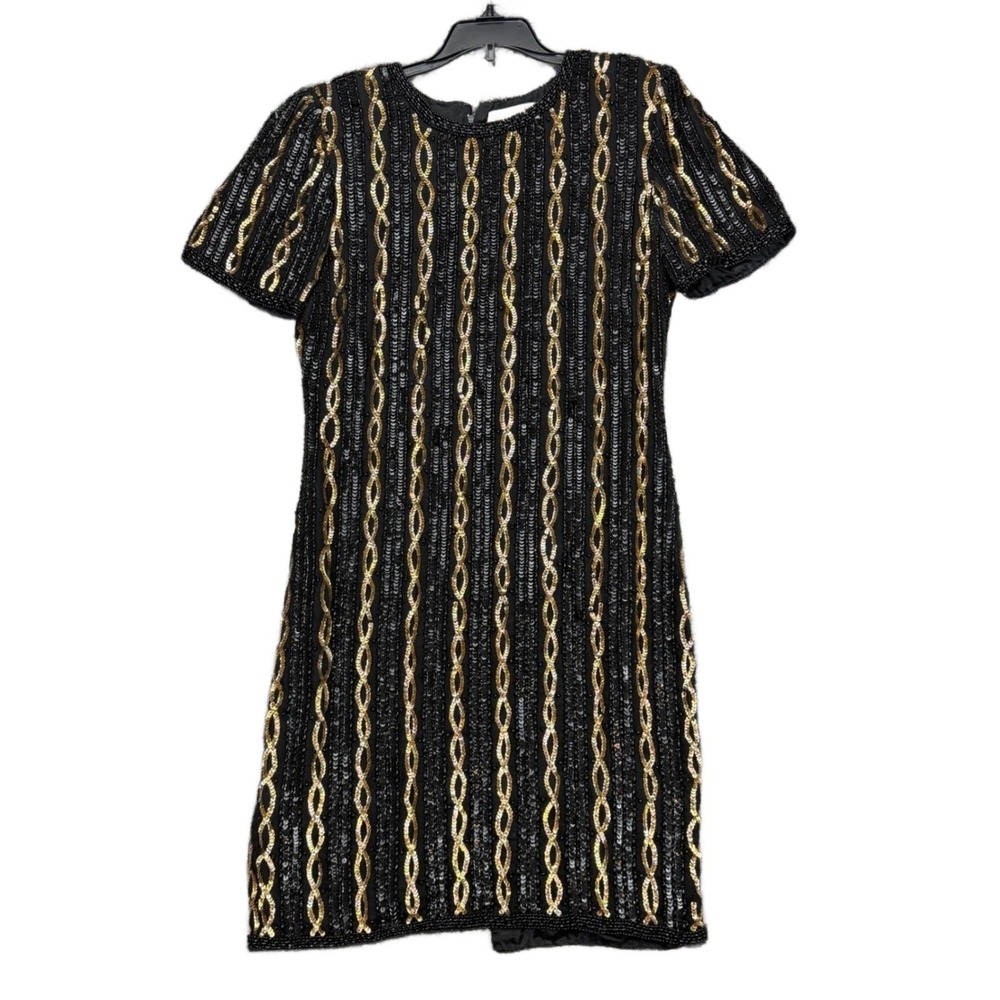Adrianna Papell Black Gold Silk Evening Dress Size 6 Sequin Beaded Short Sleeve